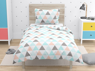 Lenjerie de pat din bumbac pentru copii - model 1039 - triunghiuri turcoaz-somon