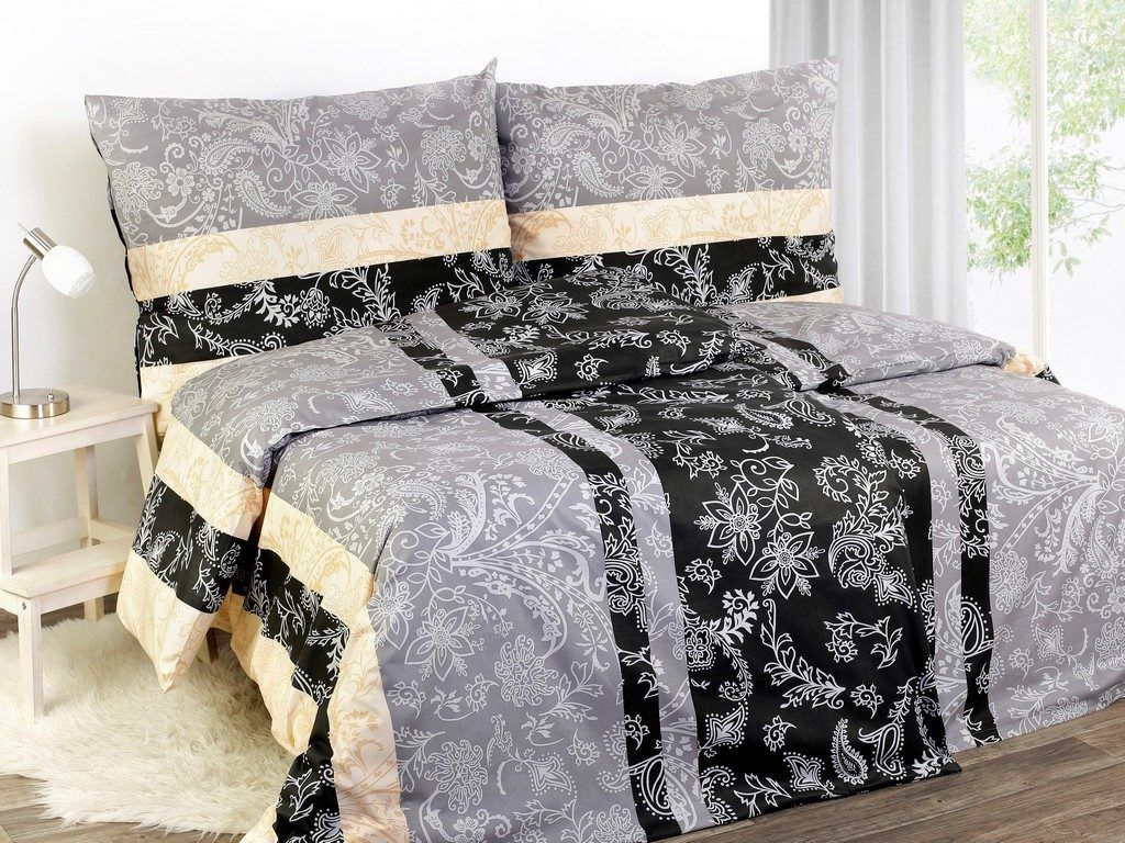 Lenjerie de pat din satin de lux - ornamente florale pe gri-negru