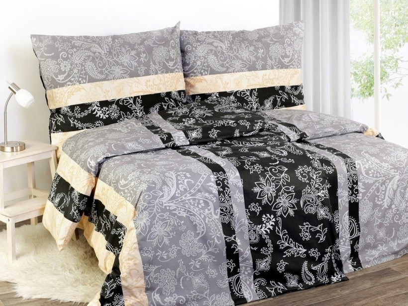 Lenjerie de pat din satin de lux - ornamente florale pe gri-negru