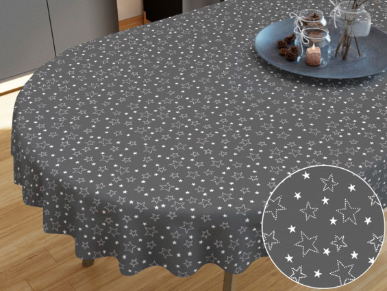 Față de masă din bumbac - model 017 - steluțe albe pe gri - ovală