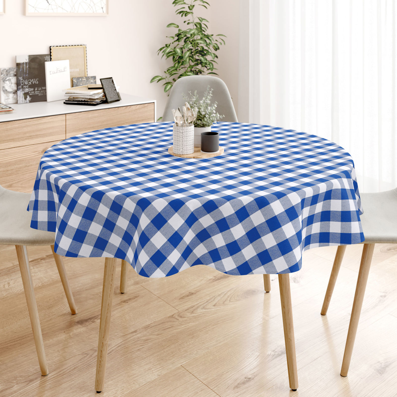 Față de masă decorativă MENORCA - carouri mari albastre și albe  - rotundă