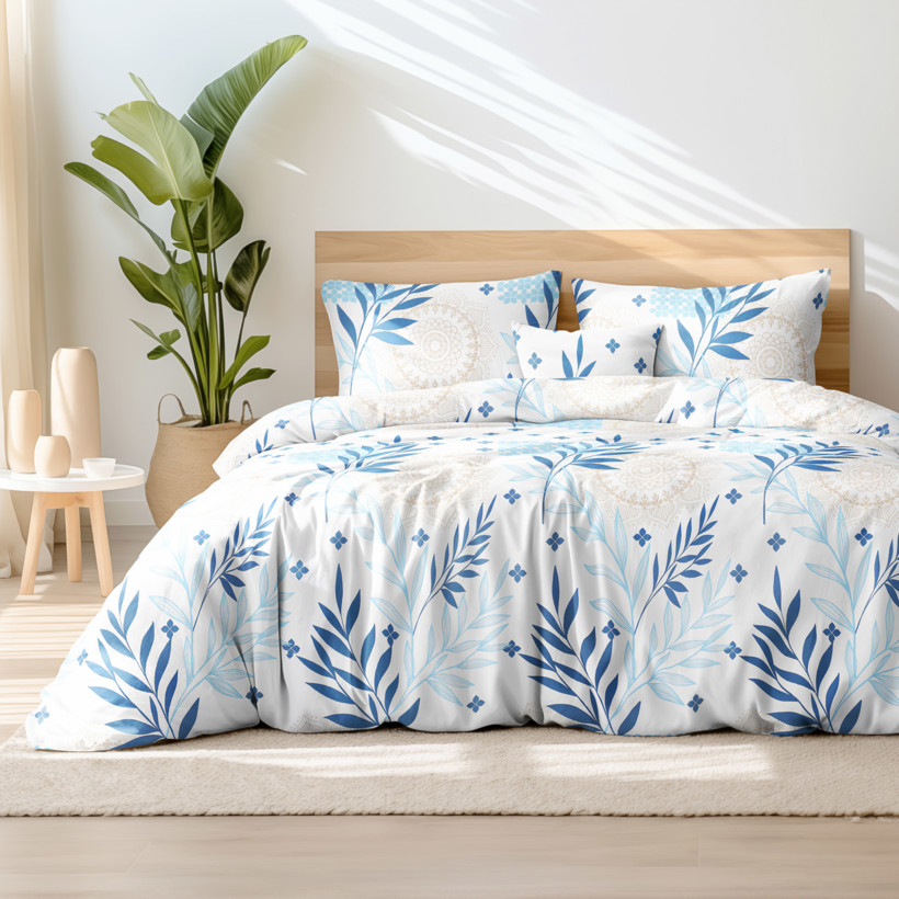 Lenjerie de pat din bumbac satinat Deluxe - mandale și frunze albastre
