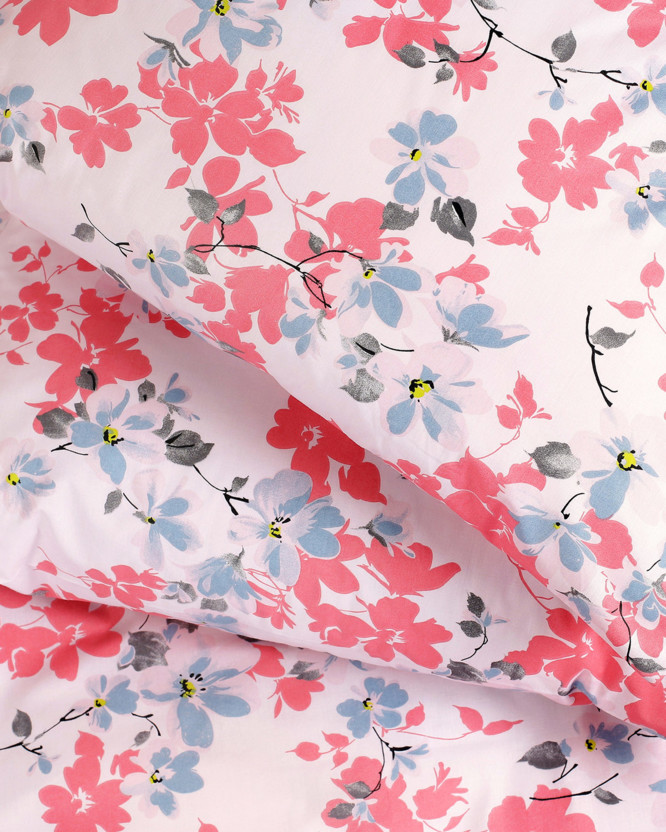 Lenjerie de pat 100% bumbac - flori roz și albastru-cenușiu