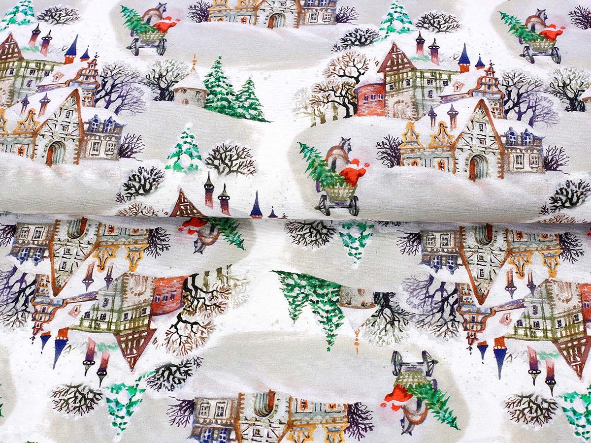 Țesătură decorativă LONETA - model de Crăciun - sat înzăpezit