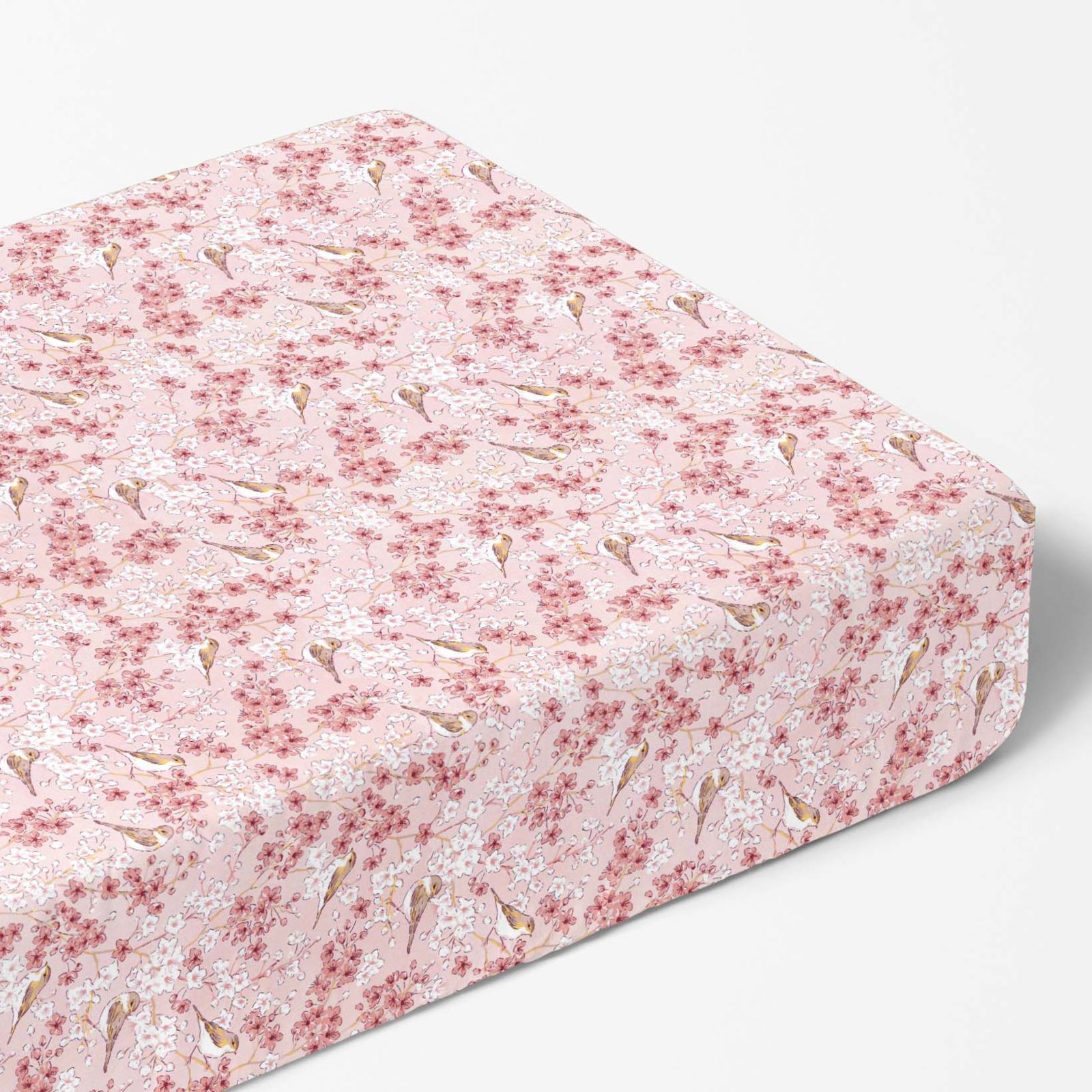 Cearceaf de pat bumbac 100% cu elastic - păsări în grădină roz