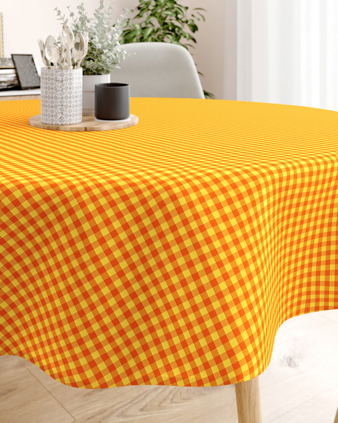 Față de masă din 100% bumbac KANAFAS - carouri mici de culoare galben-portocaliu - rotundă