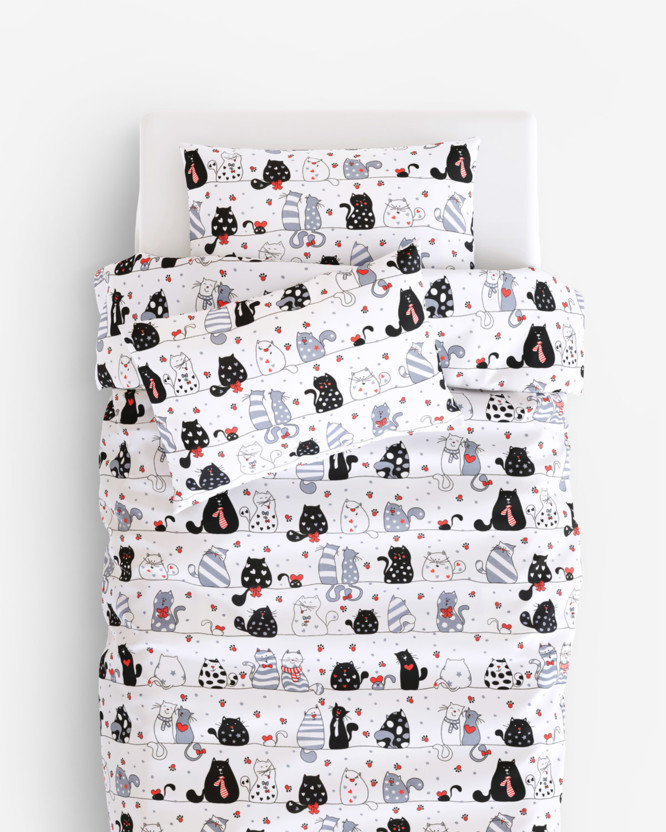 Lenjerie de pat pentru copii din 100% bumbac - pisici comice pe alb