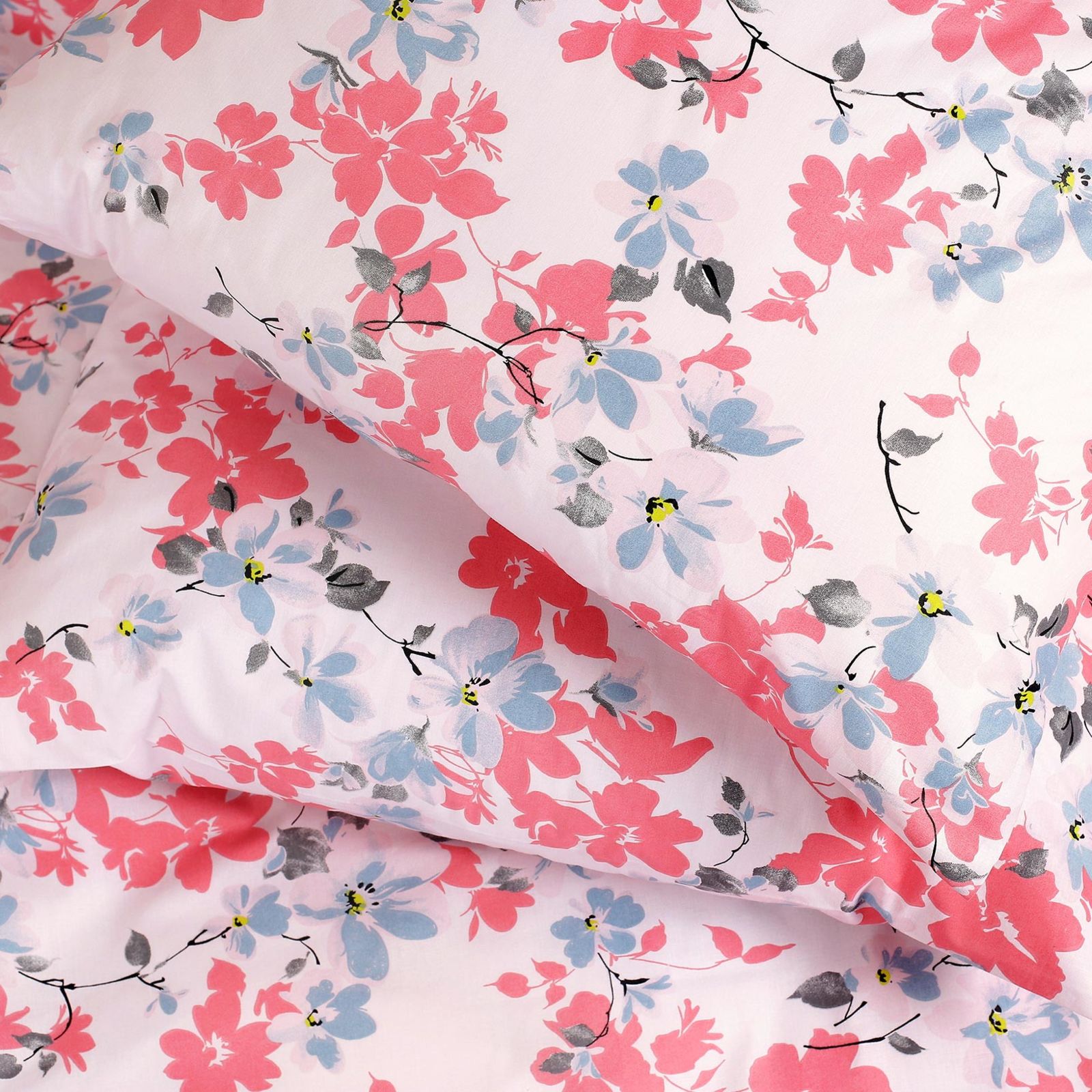 Lenjerie de pat 100% bumbac - flori roz și albastru-cenușiu