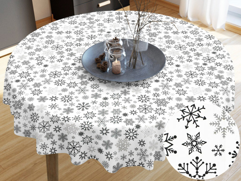 Față de masă din bumbac de Crăciun - model 1045 - fulgi negri pe alb - rotundă starý