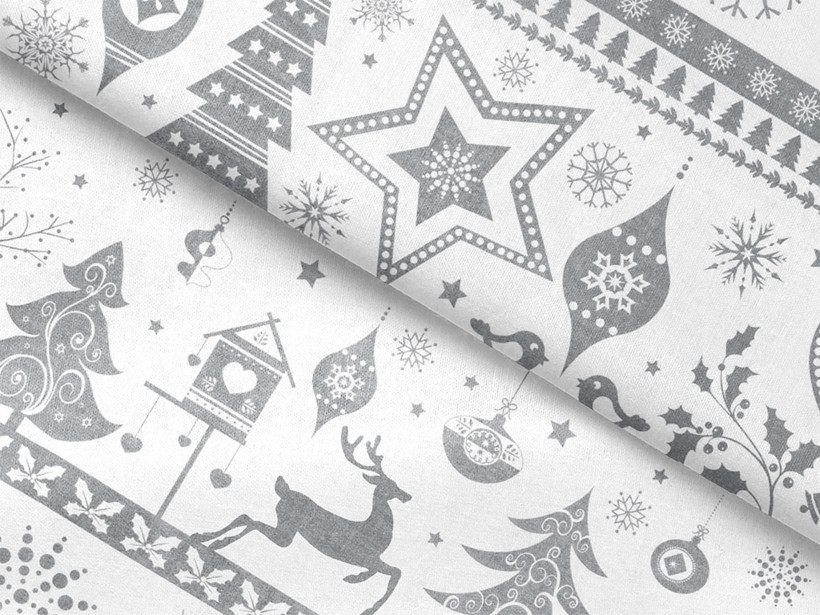 Țesătură SIMONA 100% bumbac - simboluri de Crăciun pe alb