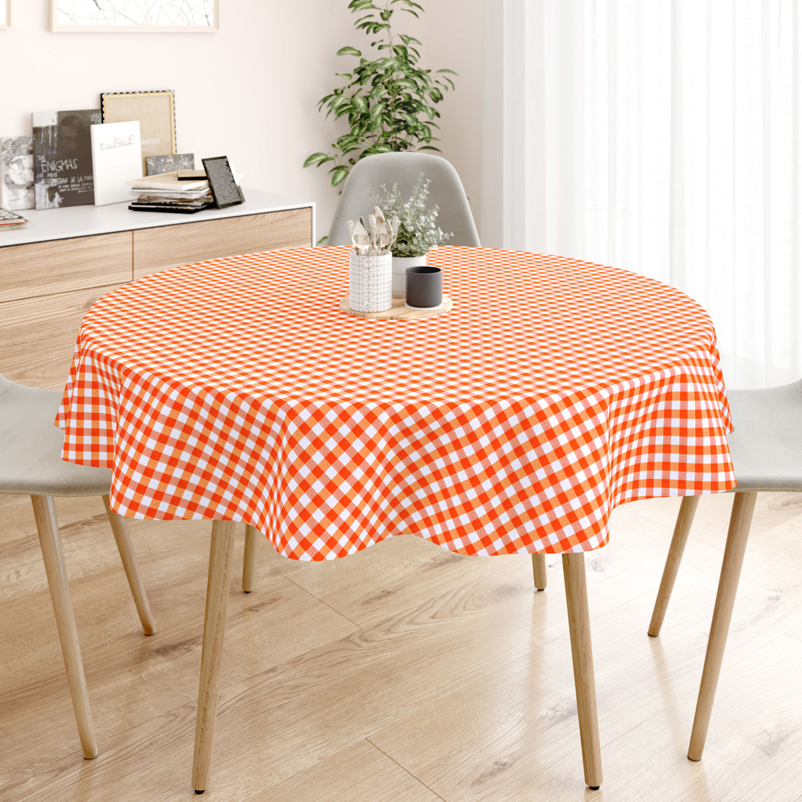 Față de masă decorativă MENORCA - carouri portocalii și albe - rotundă
