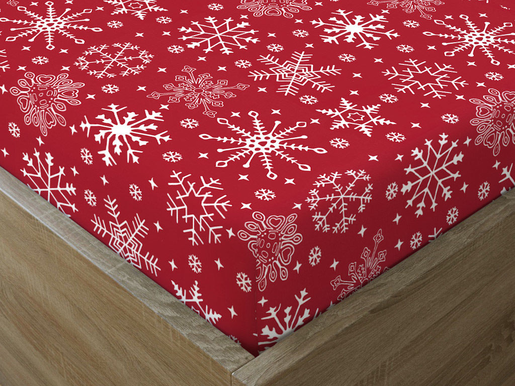 Cearceaf de pat 100% bumbac cu elastic - fulgi de zăpadă pe roșu