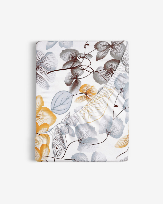 Cearceaf de pat bumbac 100%  cu elastic - flori gri-maro cu frunze