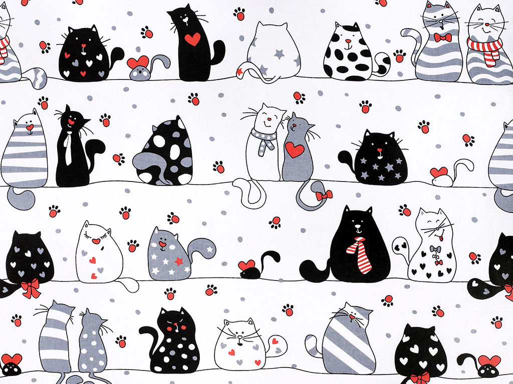 Țesătură SIMONA 100% bumbac - pisici comice pe alb
