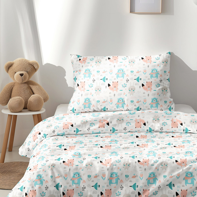 Lenjerie de pat pentru copii din 100% bumbac - animale în culori pastelate