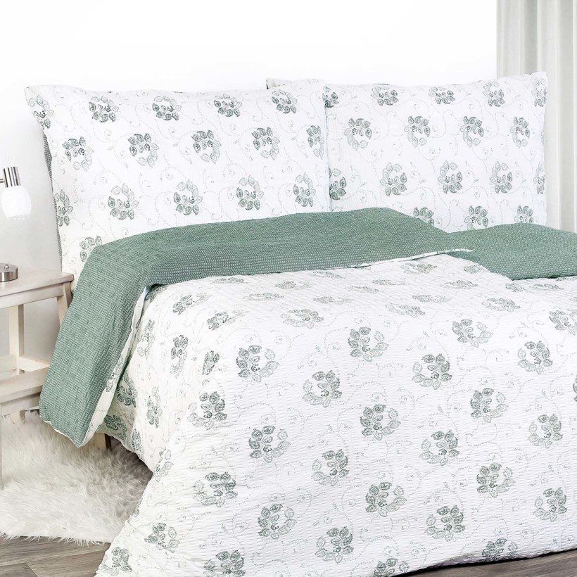 Lenjerie de pat creponată - ornamente florale verde închis cu forme geometrice