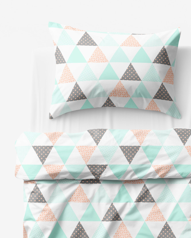 Lenjerie de pat pentru copii din 100% bumbac - triunghiuri turcoaz-somon