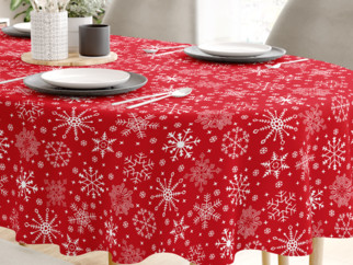Față de masă din bumbac - model 090 de Crăciun - fulgi de zăpadă pe roșu - ovală