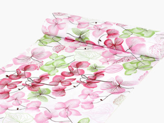 Tesătură din bumbac 100% SIMONA flori roz-verde cu frunze - metraj lătime 150 cm