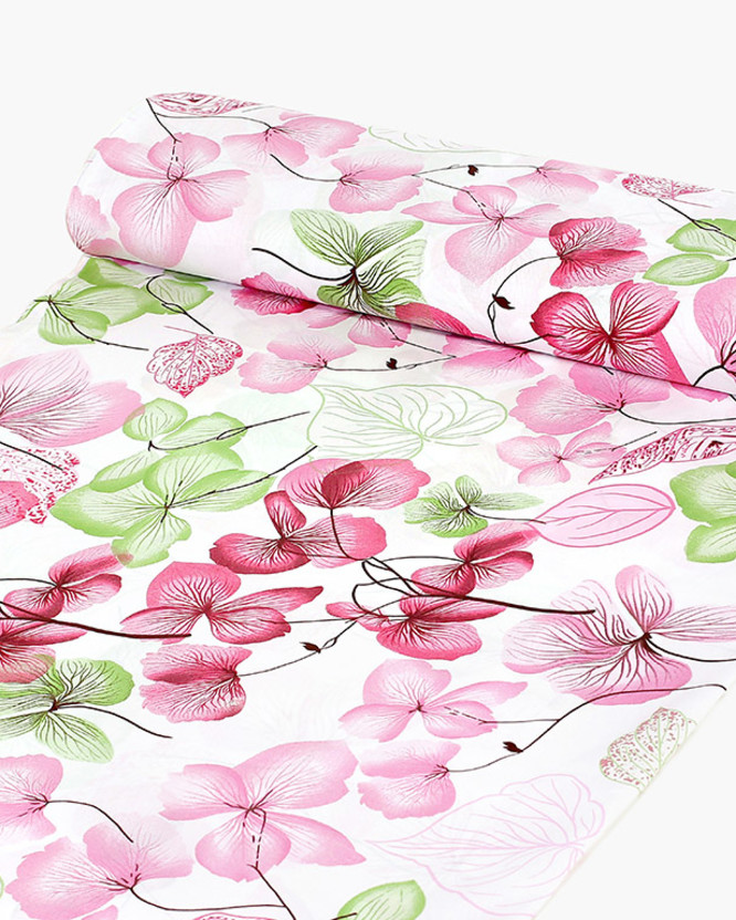 Țesătură SIMONA 100% bumbac - flori roz-verde cu frunze