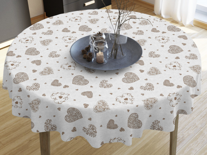 Față de masă decorativă VERONA - model 425 - inimi bej pe un fundal de culoare naturală - rotundă starý