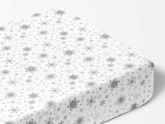 Cearceaf de pat din bumbac exclusiv cu elastic de crăciun - model 028 - fulgi de zăpadă argintii pe alb