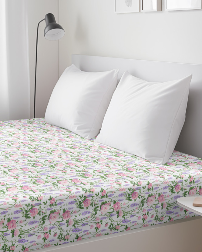 Cearceaf de pat 100% bumbac cu elastic - trandafiri din măceș cu lavandă