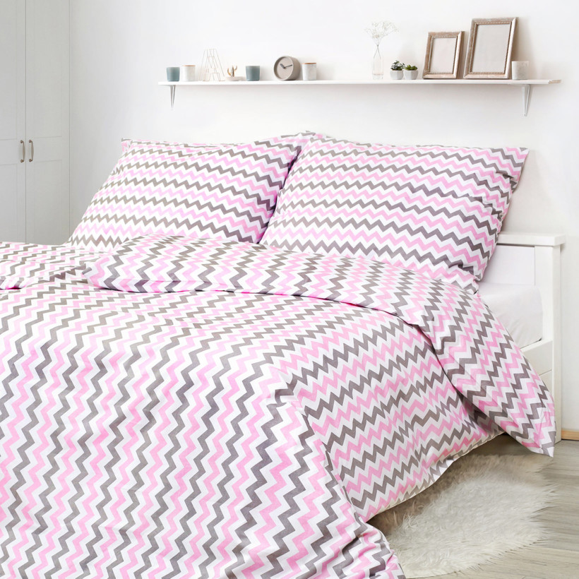 Lenjerie de pat 100% bumbac - dungi roz, negre în zig-zag
