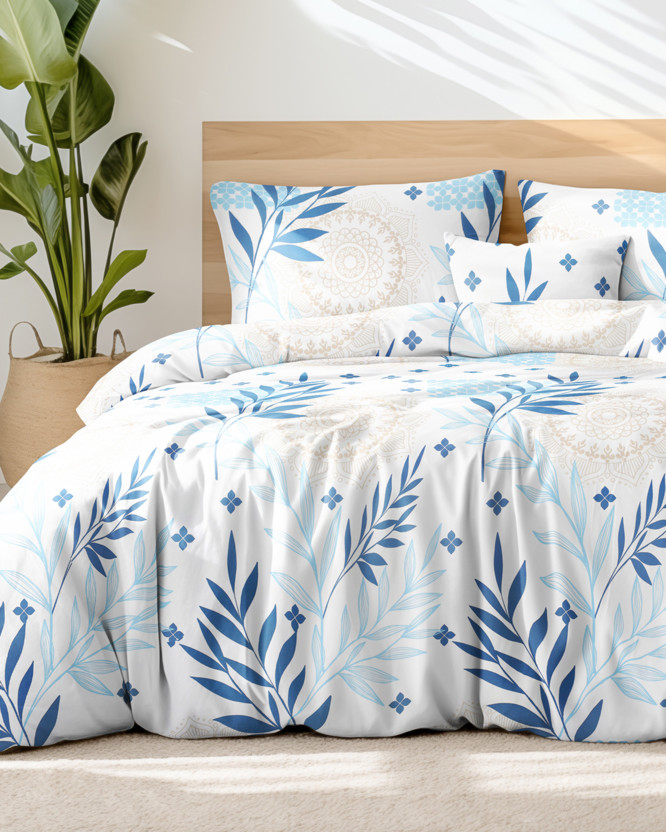 Lenjerie de pat din 100% bumbac Deluxe - mandale și frunze albastre