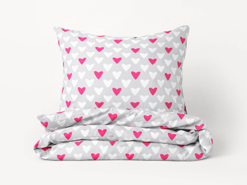 Lenjerie de pat din 100% bumbac - inimioare roz și albe pe gri
