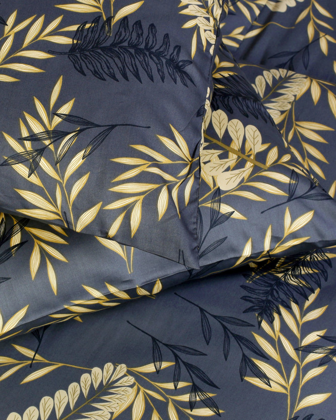 Lenjerie de pat de lux din bumbac satinat - frunze aurii și negre pe gri antracit