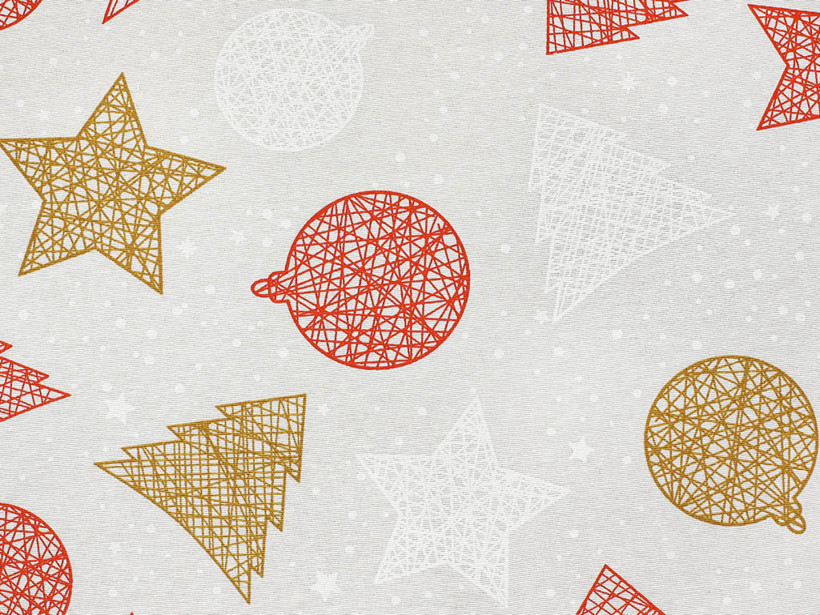 Țesătură decorativă VERONA - simboluri de Crăciun roșii și aurii pe alb