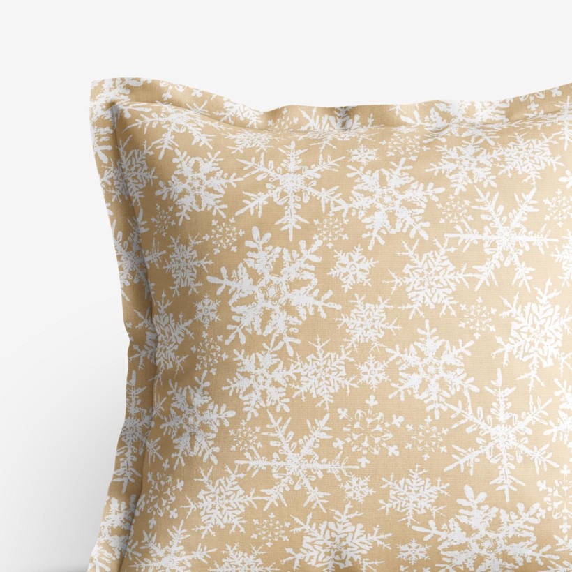 Față de pernă 100% bumbac cu tiv decorativ - fulgi de zăpadă pe auriu