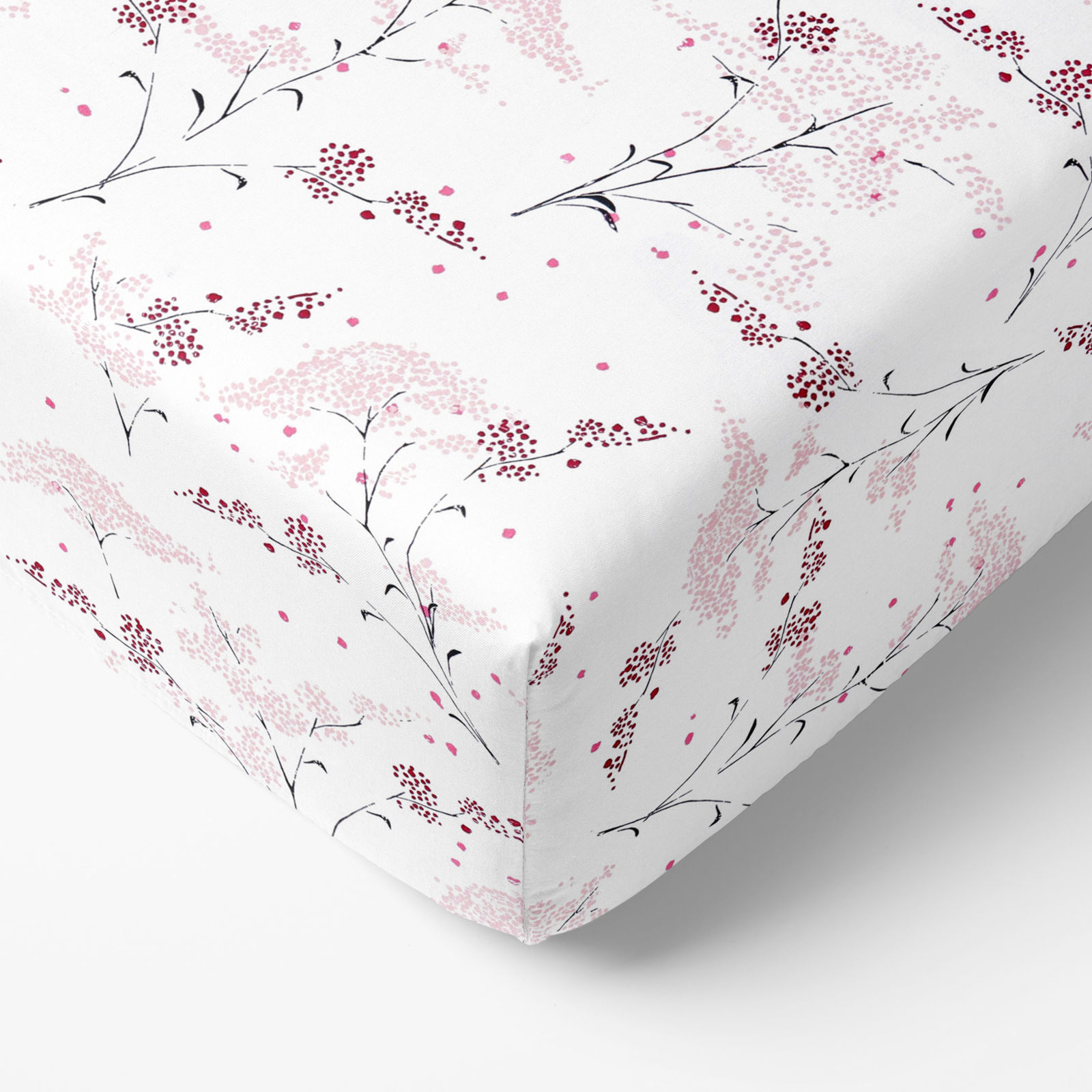 Cearceaf de pat bumbac 100% cu elastic - flori japoneze pe alb