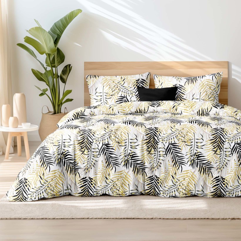 Lenjerie de pat din bumbac satinat Deluxe - frunze de palmier galbene și negre