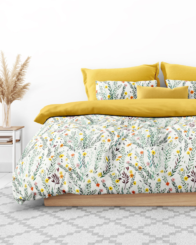 Lenjerie de pat din 100% bumbac Duo - flori și frunze pictate cu galben-miere