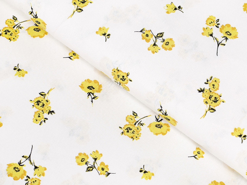 Țesătură SIMONA 100% bumbac - flori galbene pe alb