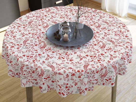 Față de masă decorativă LONETA - model 364 flori roșii și animale din pădure - rotundă