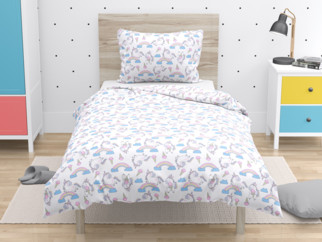 Lenjerie de pat din bumbac pentru copii - model 1043 - unicorni cu curcubeu