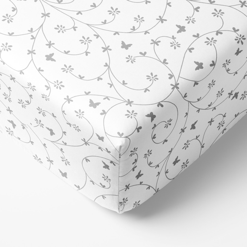 Cearceaf de pat bumbac 100% cu elastic - flori gri și fluturi pe alb