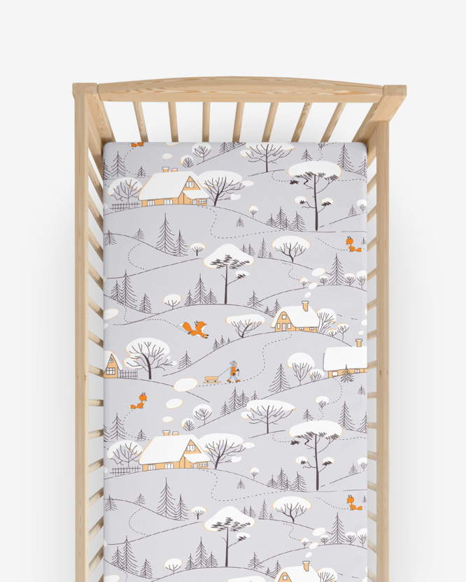 Cearceaf pentru pătuț cu elastic din 100% bumbac - model de Crăciun 1125 peisaj de iarnă