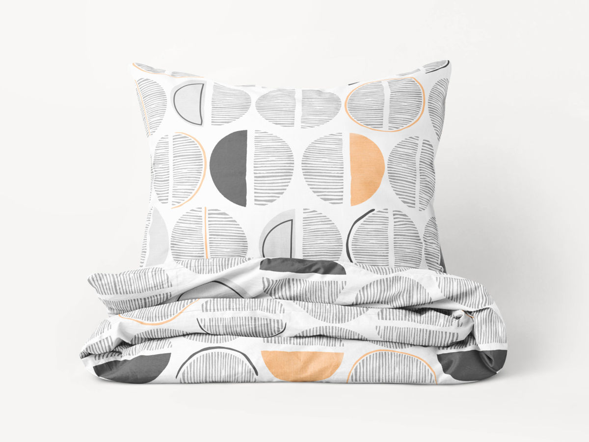 Lenjerie de pat din flanel - cercuri cu dungi gri-portocalii pe alb