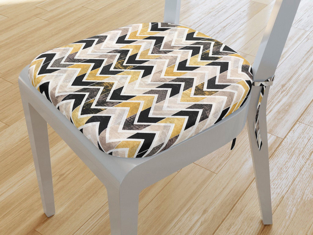 Pernă pentru scaun rotundă decorativă 39x37cm - VINTAGE - dungi în zig-zag cu auriu