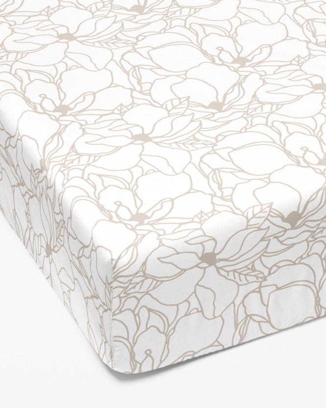Cearceaf de pat bumbac 100% cu elastic - flori bej deschis pe alb