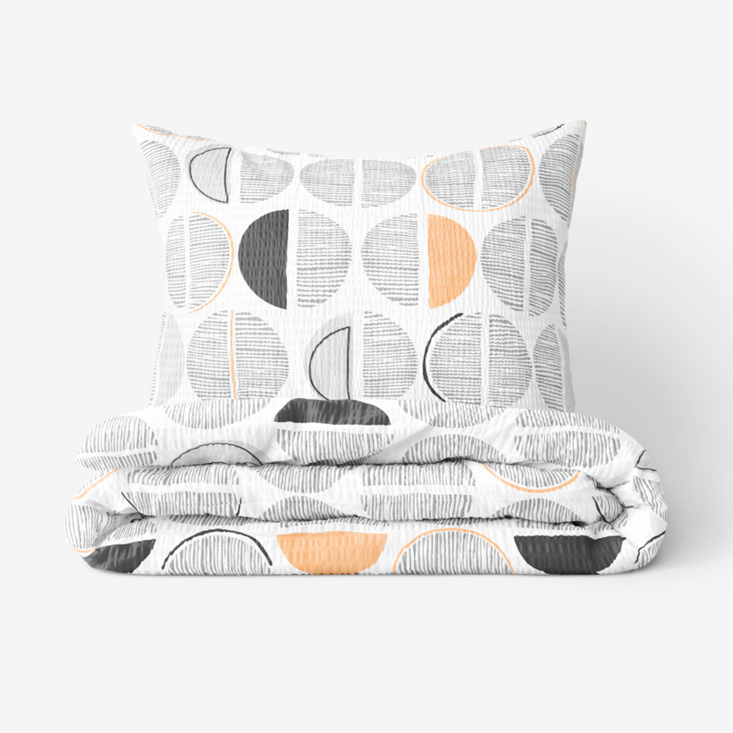 Lenjerie de pat creponată - cercuri gri-portocalii cu dungi pe alb