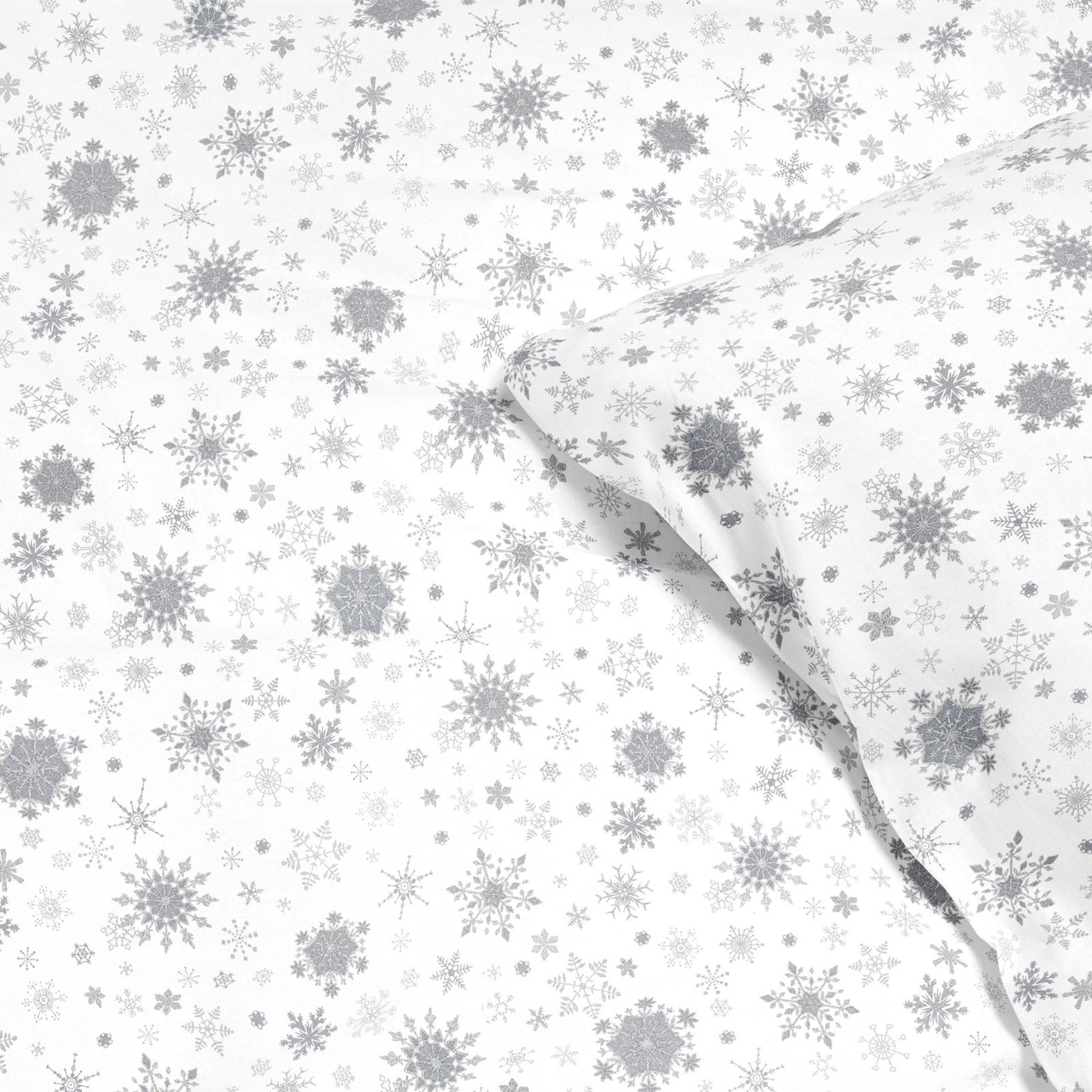 Lenjerie de pat din 100% bumbac exclusiv - fulgi de zăpadă argintii pe alb