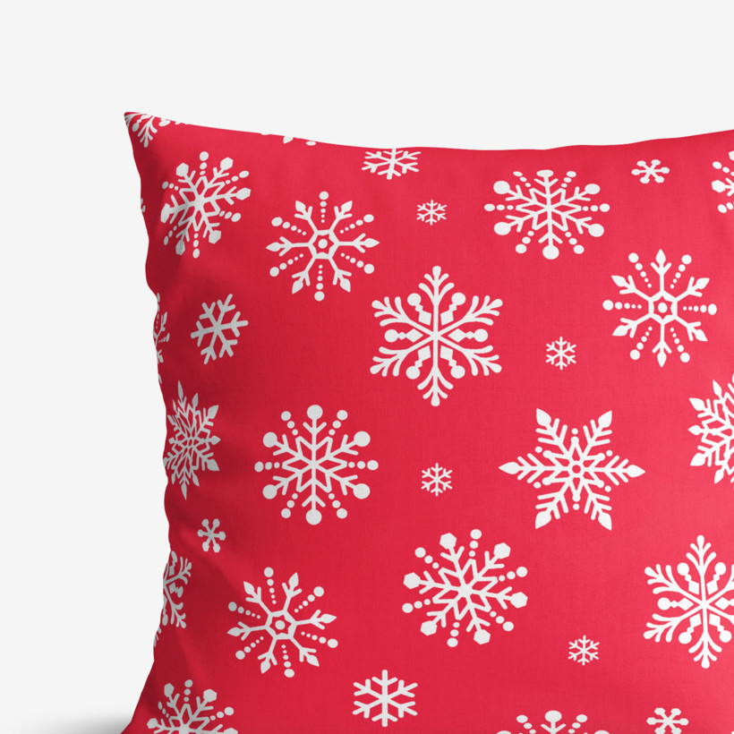 Față de pernă din bumbac - model de Crăciun - fulgi de zăpadă pe roșu