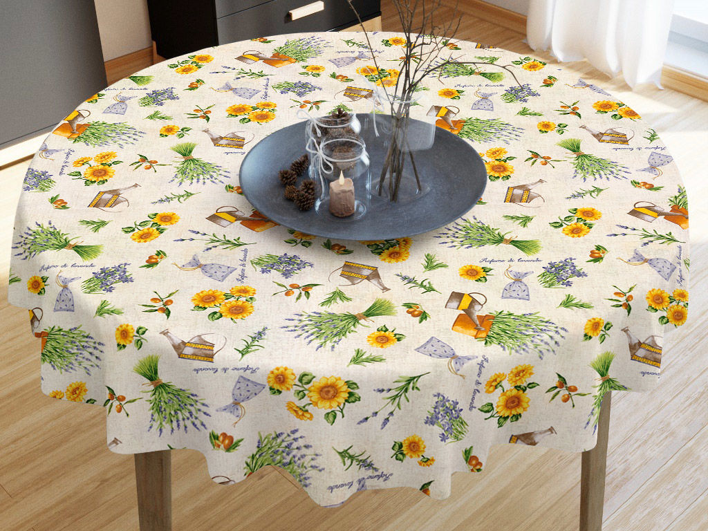 Față de masă decorativă VERONA - floarea soarelui și lavandă - rotundă