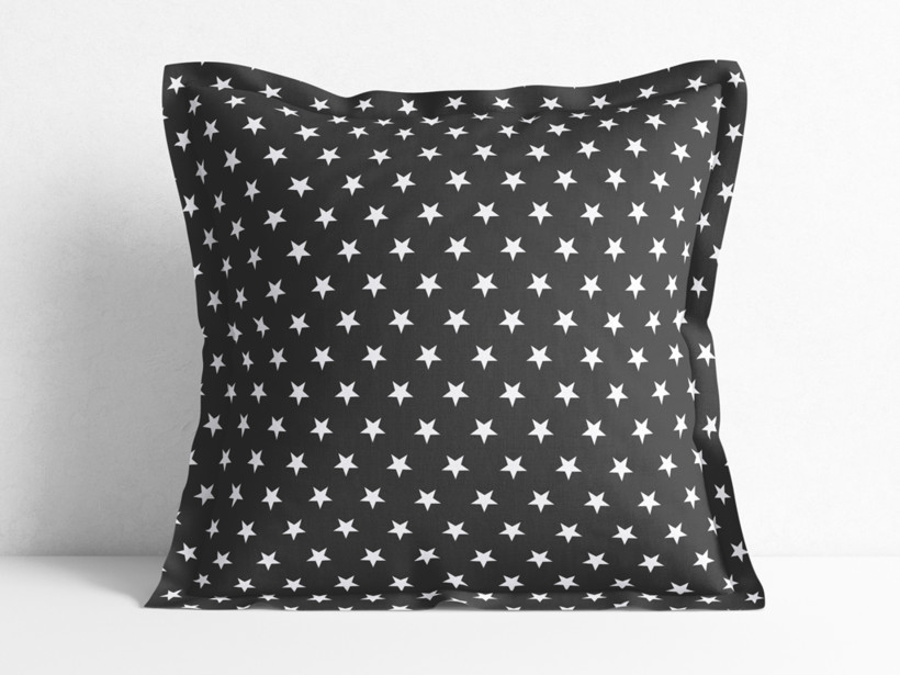 Față de pernă din bumbac cu tiv decorativ - steluțe albe pe negru