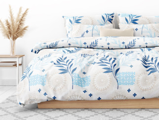 Lenjerie de pat din bumbac satinat Deluxe - model 1106 mandale și frunze albastre